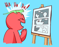 A basic character with a lizard on their head is laughing as they look at a three panel comic of blobs propped up on an easel.