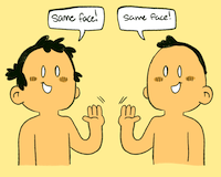 Two characters with the same face, but different hair are waving at each other and say "Same Face!"